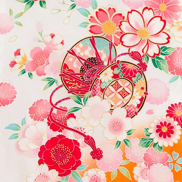 【夏用】【正絹単衣】お宮参り(女の子)レンタル 0312 白×オレンジ 花まり