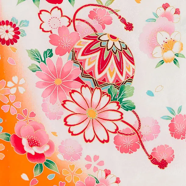 【夏用】【正絹単衣】お宮参り(女の子)レンタル 0312 白×オレンジ 花まり