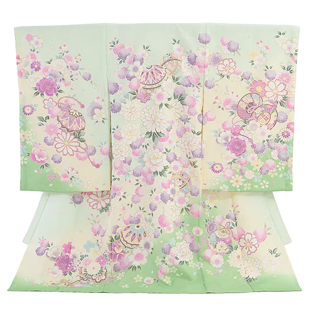 【夏用】【単衣】お宮参り(女の子)レンタル 0317 薄黄緑 花まり