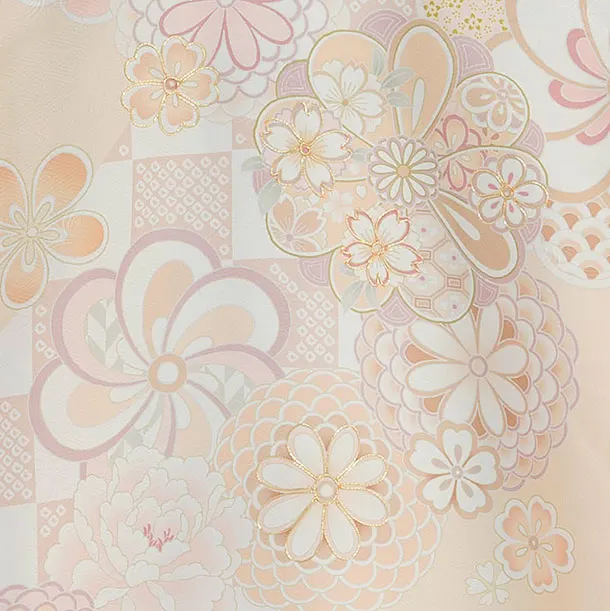 【夏用】【単衣】お宮参り(女の子)レンタル 0324 薄オレンジ 梅菊牡丹市松