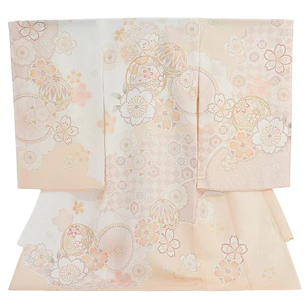 【夏用】【単衣】お宮参り(女の子)レンタル 0325 白×薄オレンジ 雪輪花まり