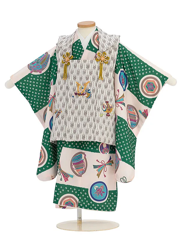 七五三(3歳男児被布) 0584 オフホワイト 兜矢羽×クリームグリーン 鹿の子