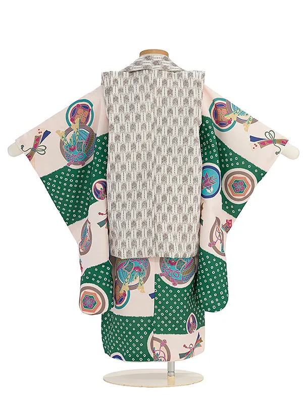 七五三(3歳男児被布) 0584 オフホワイト 兜矢羽×クリームグリーン 鹿の子