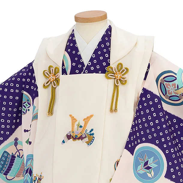 七五三レンタル(3歳男児被布) 0587 クリーム 兜×クリーム青紫 鹿の子