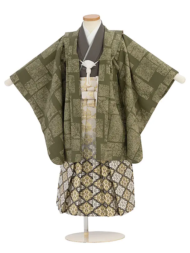 簡単七五三(5歳男児) 0598 淡グレーグリーン 石畳柄／グレーゴールド菱紋袴