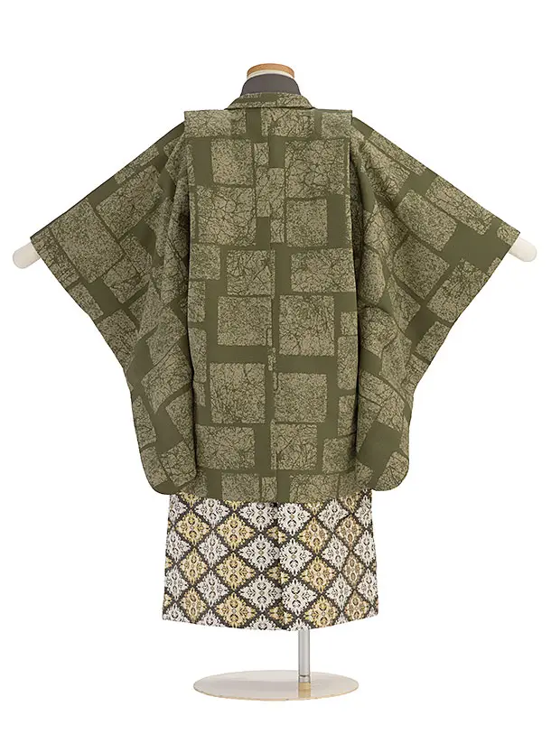 簡単七五三(5歳男児) 0598 淡グレーグリーン 石畳柄／グレーゴールド菱紋袴