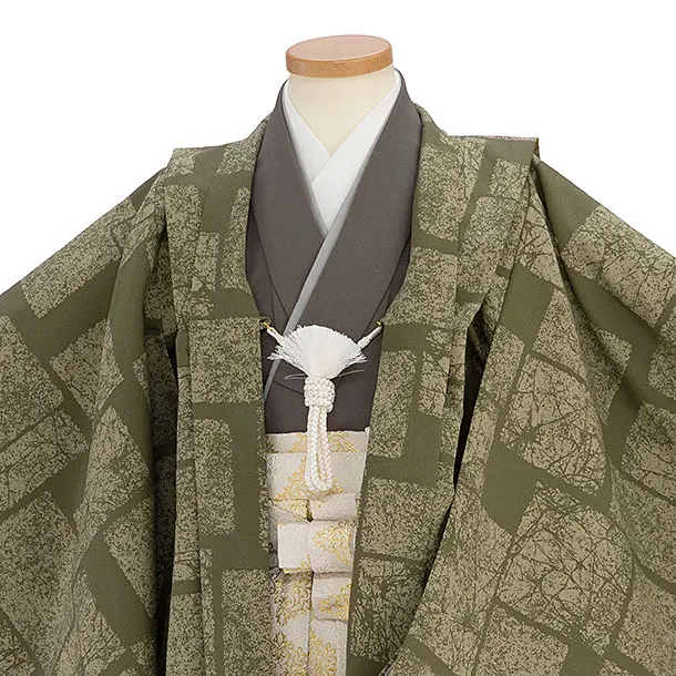 簡単七五三(5歳男児) 0598 淡グレーグリーン 石畳柄／グレーゴールド菱紋袴