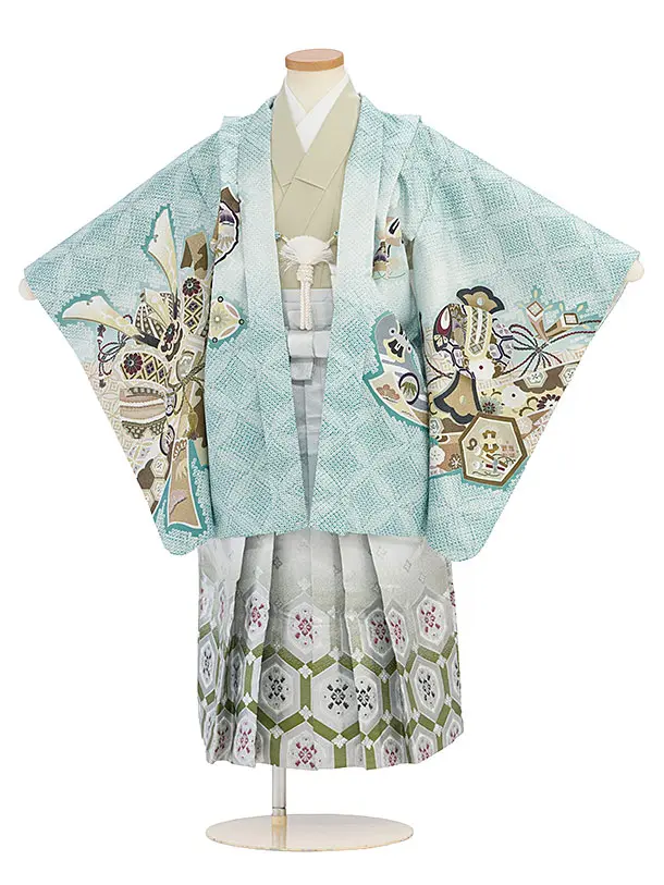 かんたん七五三(5歳男児)0602 青緑 龍熨斗鹿の子／シルバーグリーン花亀甲袴