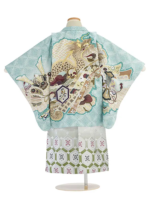 かんたん七五三(5歳男児)0602 青緑 龍熨斗鹿の子／シルバーグリーン花亀甲袴