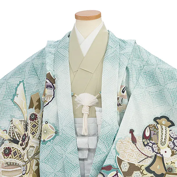 かんたん七五三(5歳男児)0602 青緑 龍熨斗鹿の子／シルバーグリーン花亀甲袴