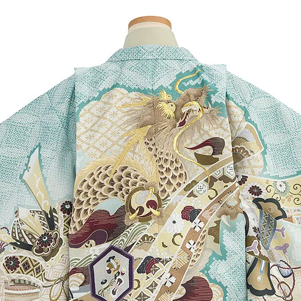 かんたん七五三(5歳男児)0602 青緑 龍熨斗鹿の子／シルバーグリーン花亀甲袴