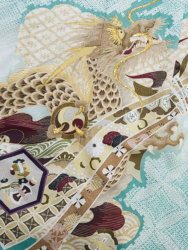 かんたん七五三(5歳男児)0602 青緑 龍熨斗鹿の子／シルバーグリーン花亀甲袴