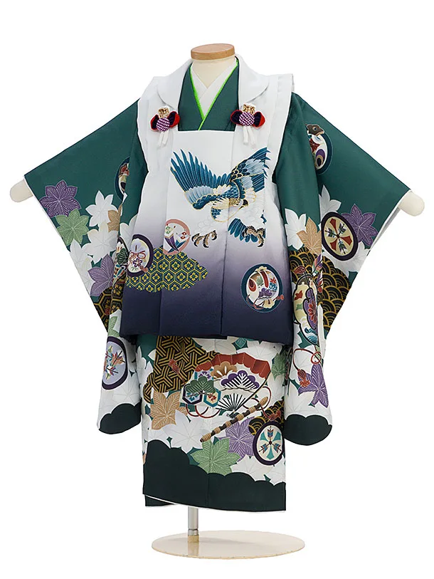 七五三レンタル(3歳男児被布) 0609 白紺ぼかし 鷹×緑 青海波