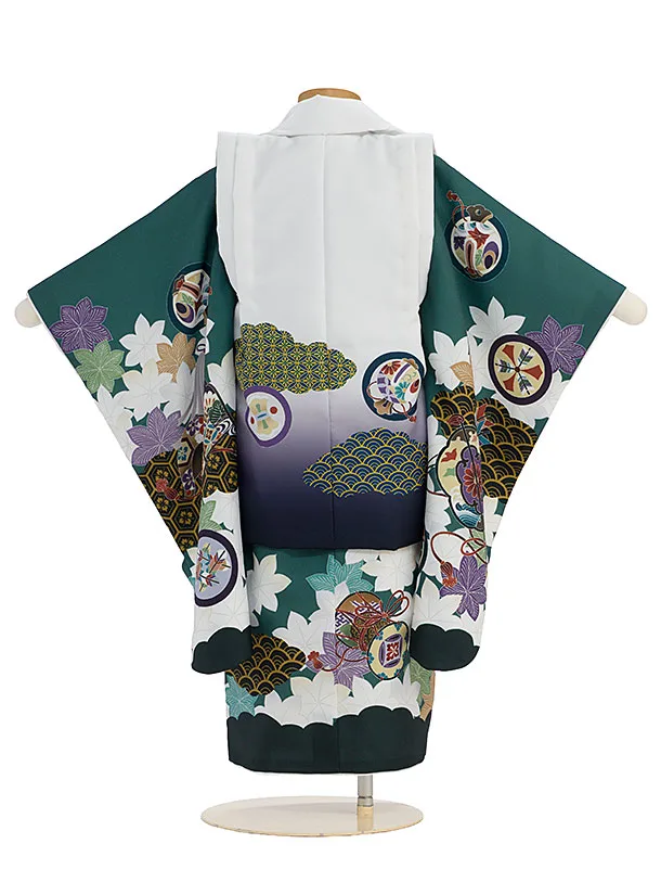 七五三レンタル(3歳男児被布) 0609 白紺ぼかし 鷹×緑 青海波