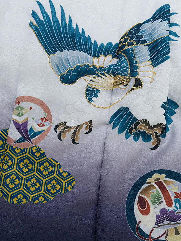 七五三レンタル(3歳男児被布) 0609 白紺ぼかし 鷹×緑 青海波