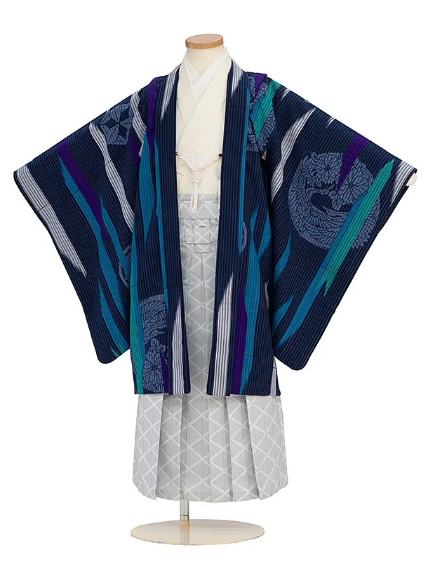 簡単七五三レンタル(5歳男児) 0634 九重／紺 丸紋／グレー菱柄袴