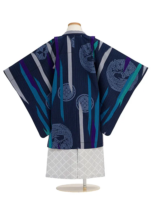 簡単七五三レンタル(5歳男児) 0634 九重／紺 丸紋／グレー菱柄袴