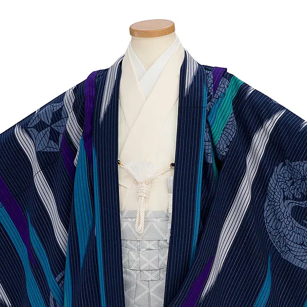 簡単七五三レンタル(5歳男児) 0634 九重／紺 丸紋／グレー菱柄袴