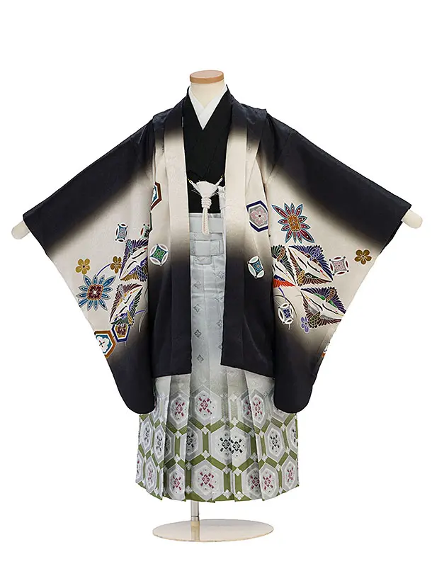 簡単【正絹】七五三(5歳6歳男児) 0642 黒 鷹向かい鶴／銀緑ぼかし亀甲袴