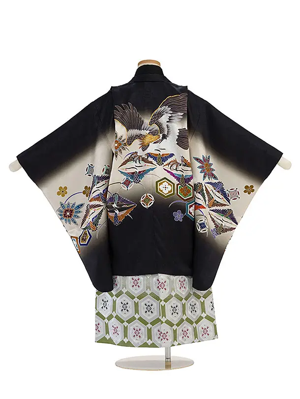 簡単【正絹】七五三(5歳6歳男児) 0642 黒 鷹向かい鶴／銀緑ぼかし亀甲袴