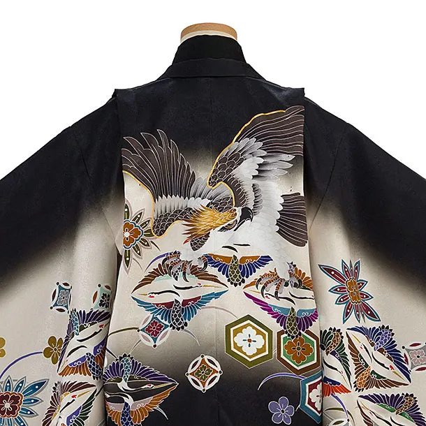 簡単【正絹】七五三(5歳6歳男児) 0642 黒 鷹向かい鶴／銀緑ぼかし亀甲袴