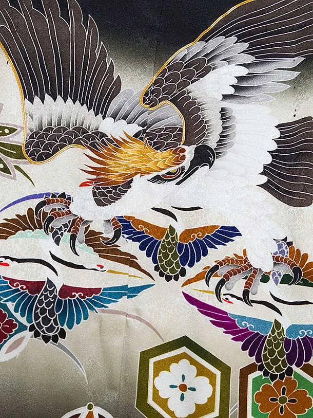 簡単【正絹】七五三(5歳6歳男児) 0642 黒 鷹向かい鶴／銀緑ぼかし亀甲袴