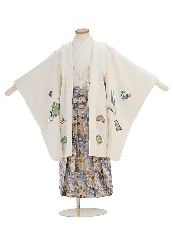 【正絹】七五三レンタル(5歳男児) 0643 オフホワイト 鷹／グレー 桜扇袴