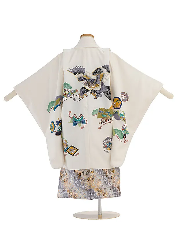 【正絹】七五三レンタル(5歳男児) 0643 オフホワイト 鷹／グレー 桜扇袴