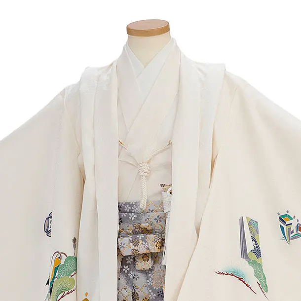 【正絹】七五三レンタル(5歳男児) 0643 オフホワイト 鷹／グレー 桜扇袴