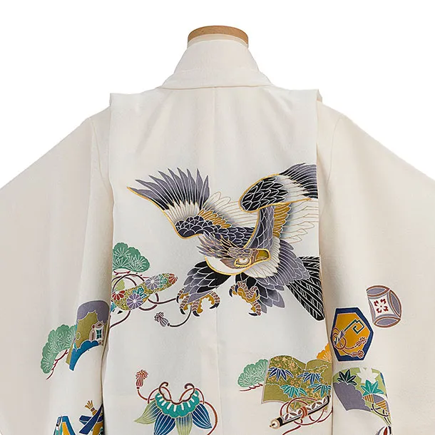 【正絹】七五三レンタル(5歳男児) 0643 オフホワイト 鷹／グレー 桜扇袴