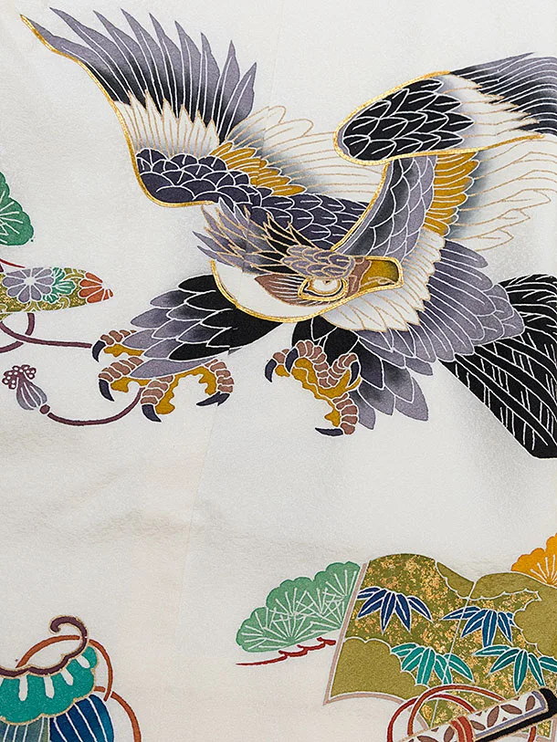 【正絹】七五三レンタル(5歳男児) 0643 オフホワイト 鷹／グレー 桜扇袴