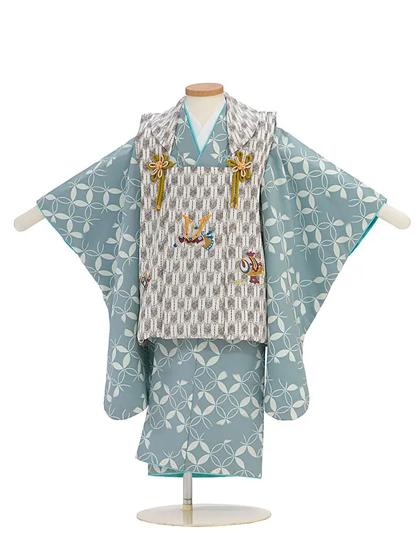 七五三レンタル(3歳男児被布) 0652 ベージュ 矢羽兜×ブルーグレー 七宝