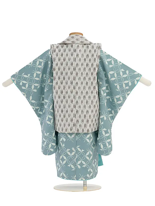 七五三レンタル(3歳男児被布) 0652 ベージュ 矢羽兜×ブルーグレー 七宝