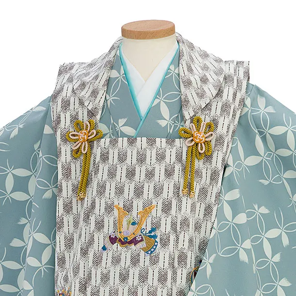 七五三レンタル(3歳男児被布) 0652 ベージュ 矢羽兜×ブルーグレー 七宝