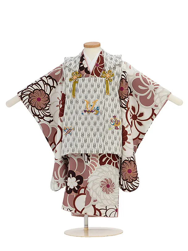 七五三レンタル(3歳男児被布) 0653 ベージュ 矢羽兜×あずき色 梅菊