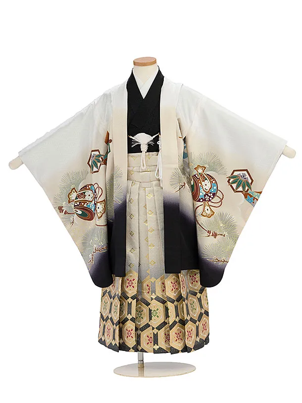 かんたん【正絹】七五三(5歳6歳男児) 0662 白ぼかし 鷹富士／黒金花亀甲袴