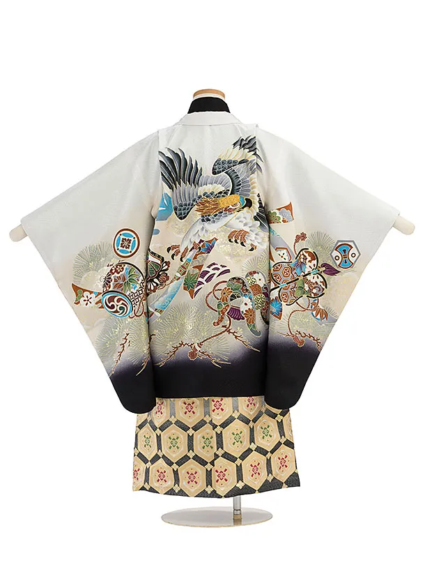 かんたん【正絹】七五三(5歳6歳男児) 0662 白ぼかし 鷹富士／黒金花亀甲袴