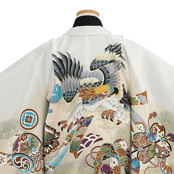 かんたん【正絹】七五三(5歳6歳男児) 0662 白ぼかし 鷹富士／黒金花亀甲袴