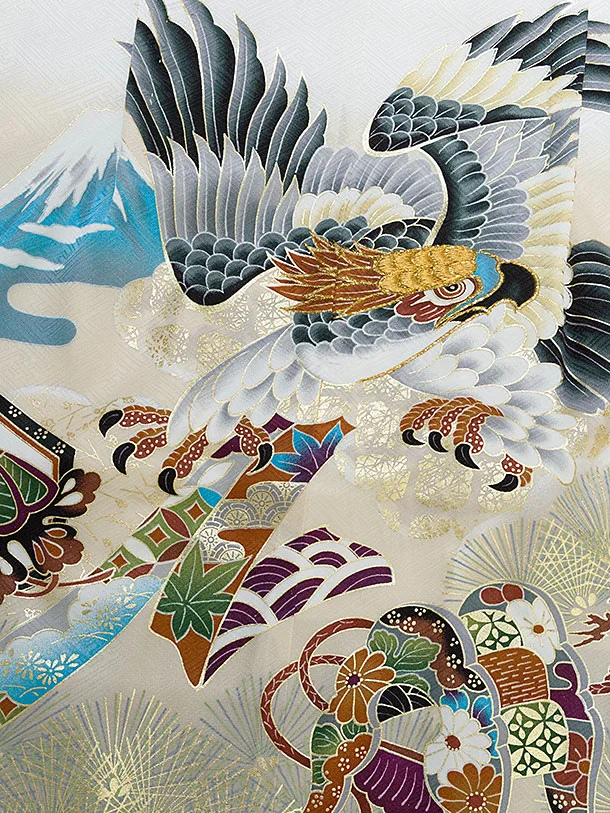 かんたん【正絹】七五三(5歳6歳男児) 0662 白ぼかし 鷹富士／黒金花亀甲袴