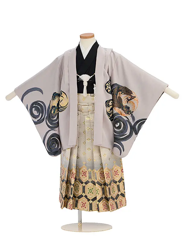 かんたん七五三レンタル(5歳男児) 0665 グレー 鳳凰／黒金花亀甲袴