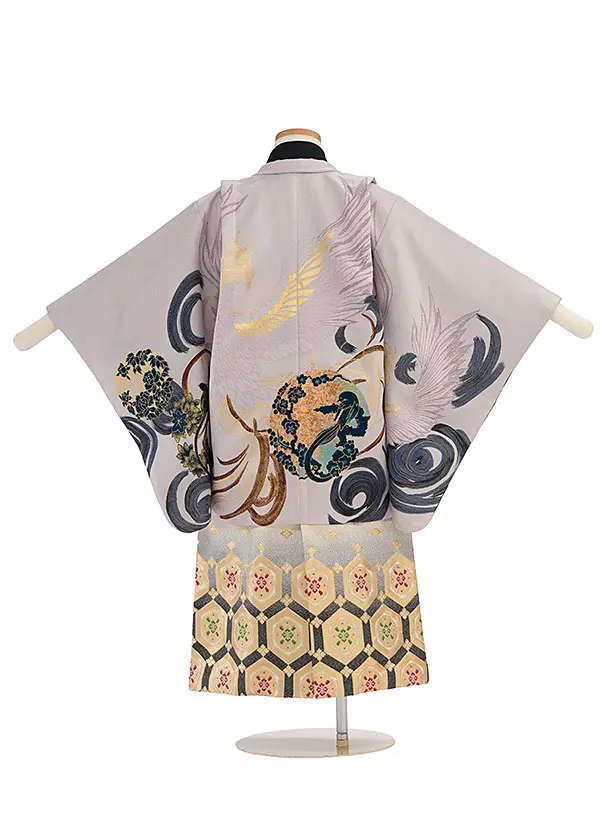 かんたん七五三レンタル(5歳男児) 0665 グレー 鳳凰／黒金花亀甲袴