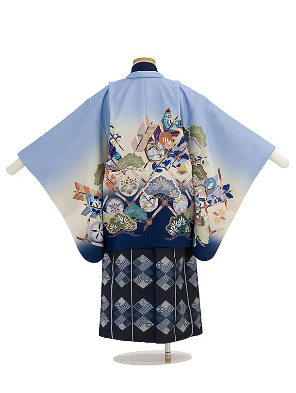 かんたん七五三(5歳6歳男児) 0679 ブルーぼかし 松矢／紺菱柄袴