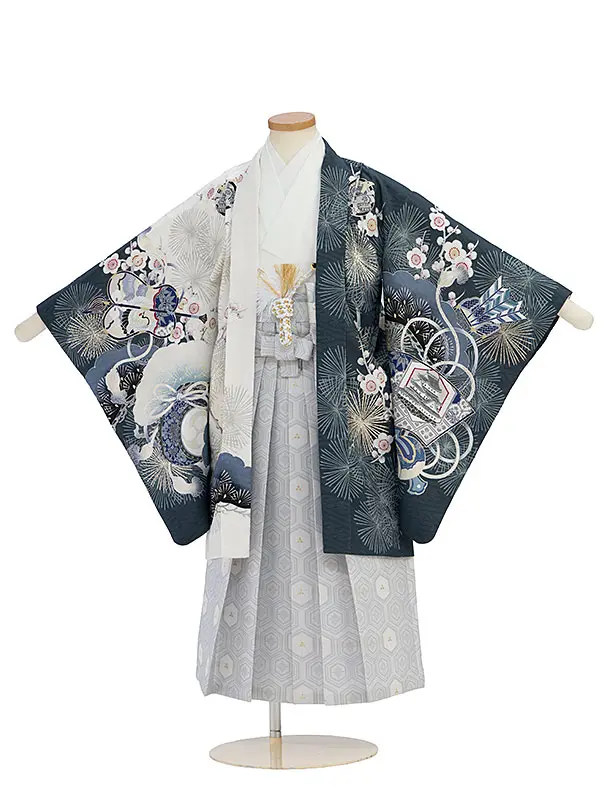 かんたん七五三(5歳6歳男児)0682 華徒然／白×グレー 鷹兜／淡グレー亀甲袴