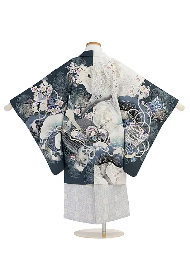 かんたん七五三(5歳6歳男児)0682 華徒然／白×グレー 鷹兜／淡グレー亀甲袴