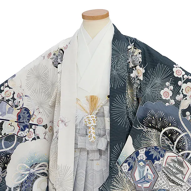 かんたん七五三(5歳6歳男児)0682 華徒然／白×グレー 鷹兜／淡グレー亀甲袴