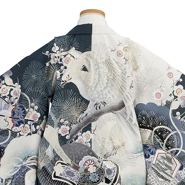 かんたん七五三(5歳6歳男児)0682 華徒然／白×グレー 鷹兜／淡グレー亀甲袴