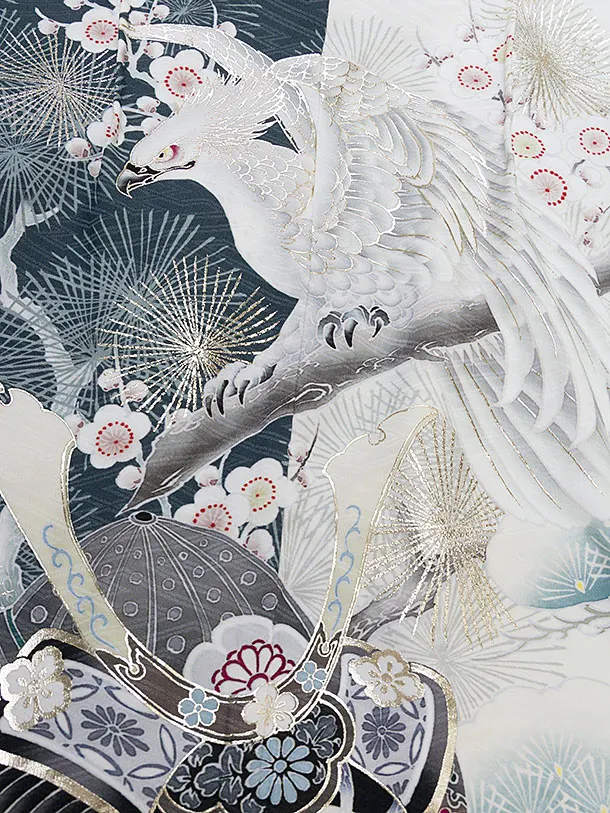 かんたん七五三(5歳6歳男児)0682 華徒然／白×グレー 鷹兜／淡グレー亀甲袴