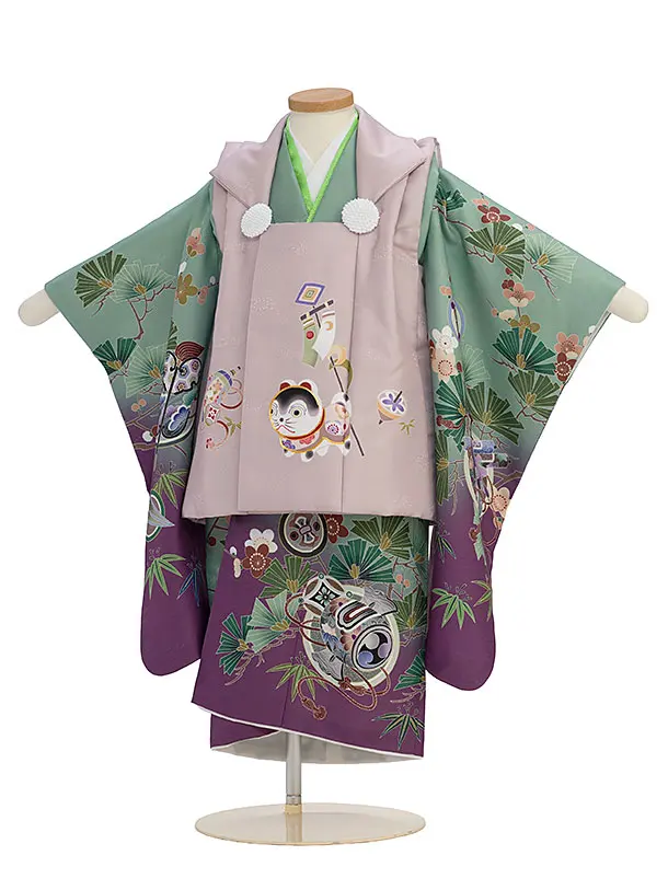 七五三(3歳男児被布) 0701 くすみピンクベージュ 犬張子×緑ぼかし 松竹梅