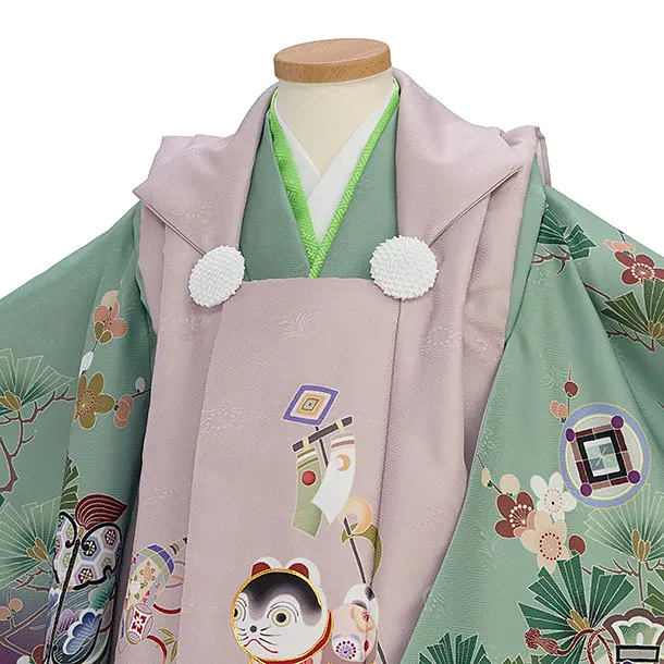 七五三(3歳男児被布) 0701 くすみピンクベージュ 犬張子×緑ぼかし 松竹梅