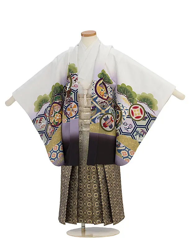 かんたん七五三レンタル(5歳6歳男児) 0706 白 兜／黒金ぼかし袴